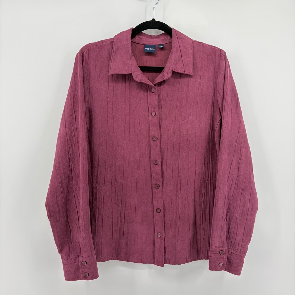 SONOMA Life Style Womens Burgundy Textured Button Down Shirt Top Size‎ L